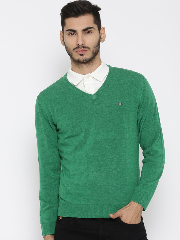 Arrow Sport Solid V,neck Casual Men Green Sweater